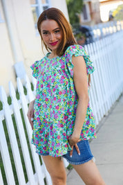 All For You Mint Floral Yoke Flutter Sleeve Keyhole Back Top | 2024 Blow-Out Sale Daverri Fashions