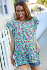 All For You Mint Floral Yoke Flutter Sleeve Keyhole Back Top | 2024 Blow-Out Sale Daverri Fashions