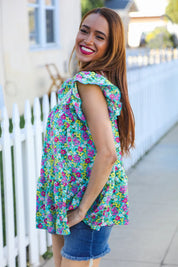 All For You Mint Floral Yoke Flutter Sleeve Keyhole Back Top | 2024 Blow-Out Sale Daverri Fashions