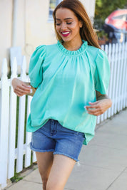 Follow Me Mint Frill Mock Neck Woven Top | Daverri Fashions