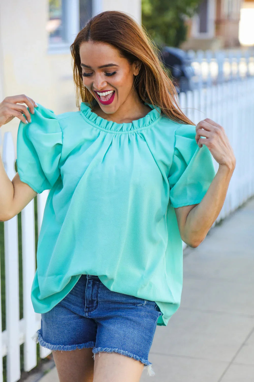 Follow Me Mint Frill Mock Neck Woven Top | Daverri Fashions