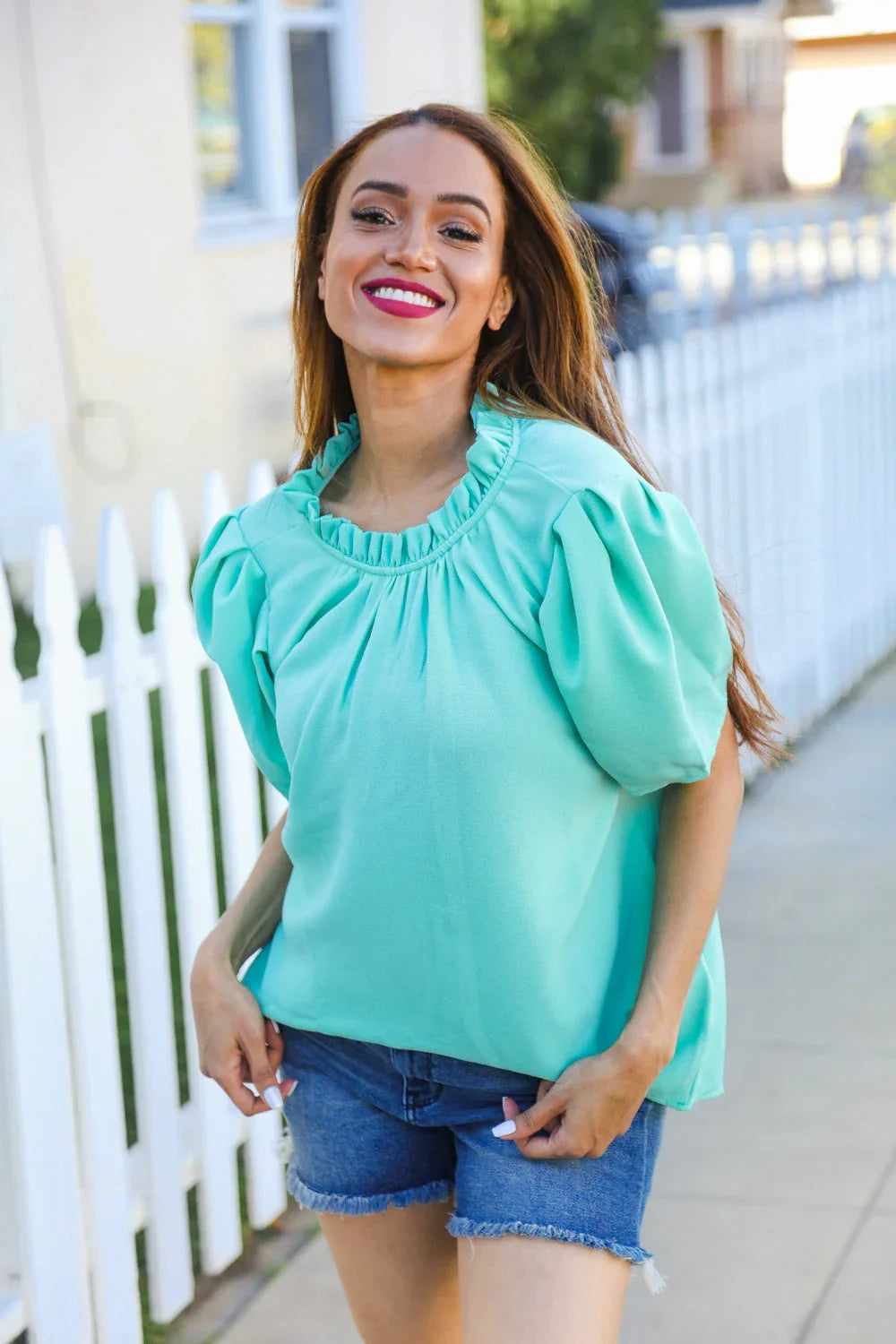 Follow Me Mint Frill Mock Neck Woven Top | Daverri Fashions