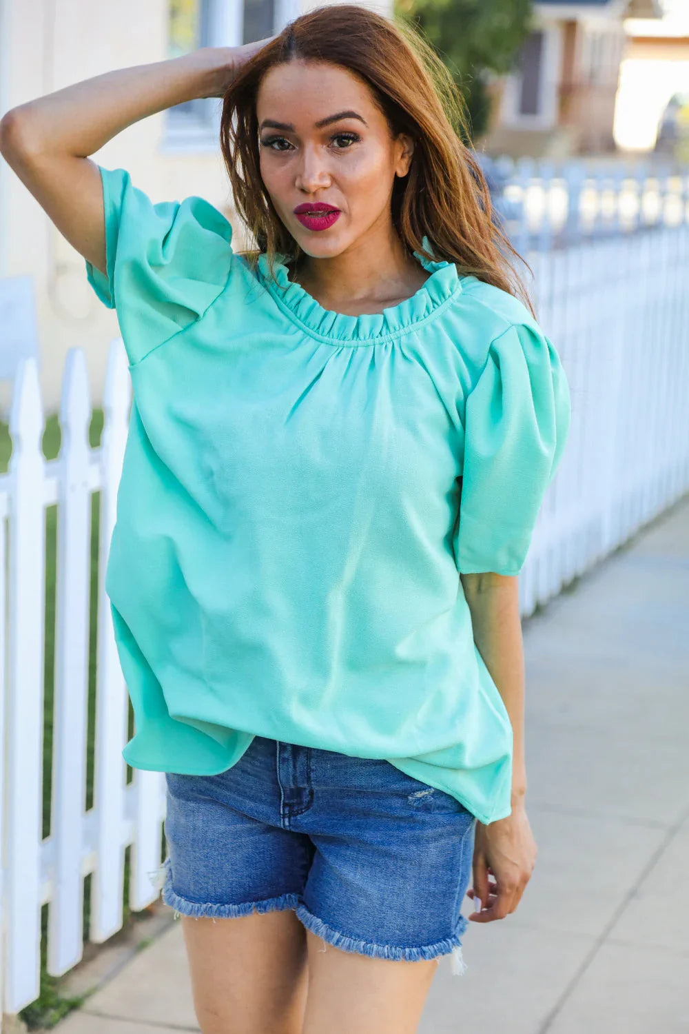Follow Me Mint Frill Mock Neck Woven Top | Daverri Fashions