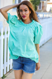 Follow Me Mint Frill Mock Neck Woven Top | Daverri Fashions
