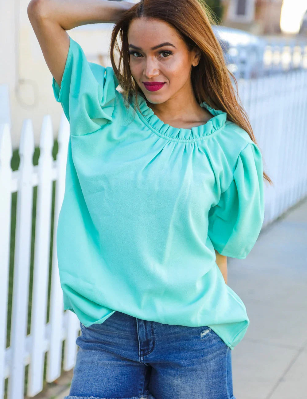 Follow Me Mint Frill Mock Neck Woven Top | Daverri Fashions