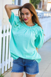 Follow Me Mint Frill Mock Neck Woven Top | Daverri Fashions