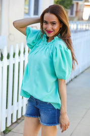 Follow Me Mint Frill Mock Neck Woven Top | Daverri Fashions