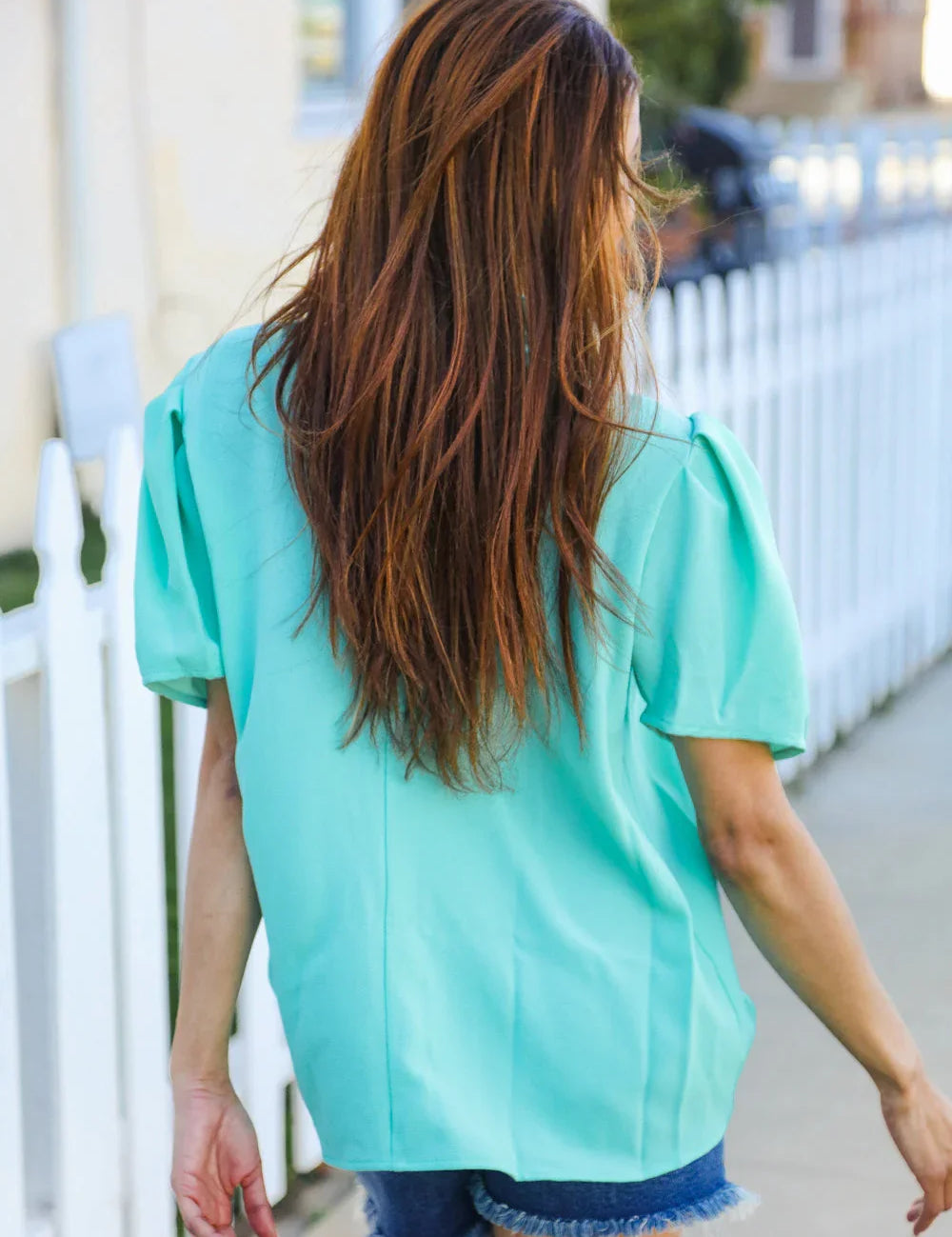 Follow Me Mint Frill Mock Neck Woven Top | Daverri Fashions