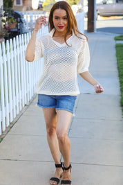 Can't Look Away Oatmeal Crochet V Neck Collared Top | 07-01-25 Summer Sale Daverri Fashions