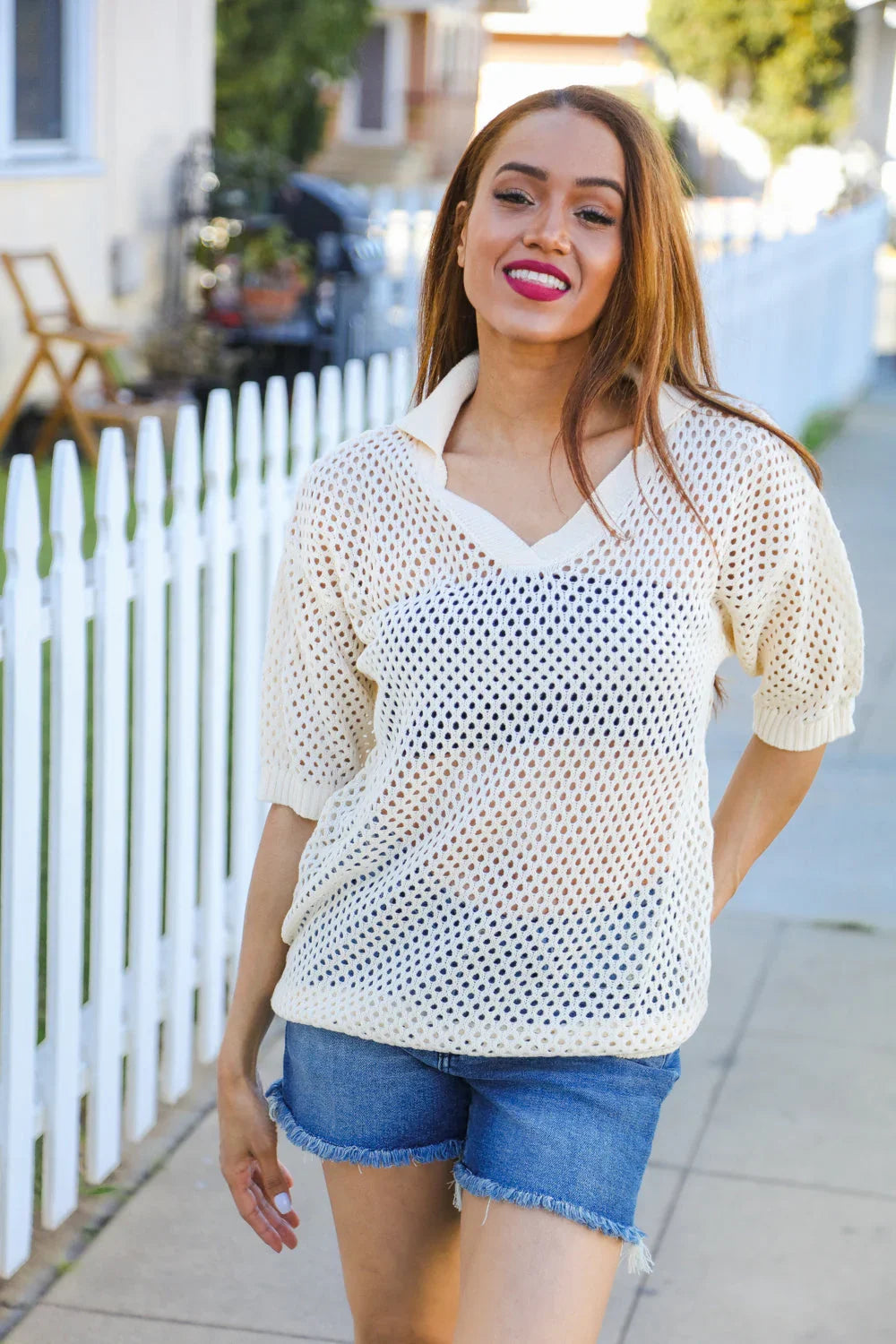 Can't Look Away Oatmeal Crochet V Neck Collared Top | 07-01-25 Summer Sale Daverri Fashions