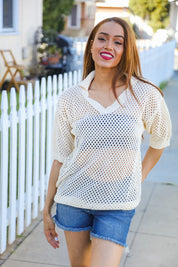 Can't Look Away Oatmeal Crochet V Neck Collared Top | 07-01-25 Summer Sale Daverri Fashions