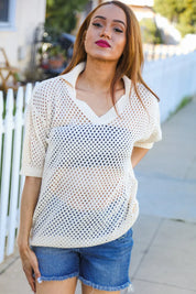 Can't Look Away Oatmeal Crochet V Neck Collared Top | 07-01-25 Summer Sale Daverri Fashions