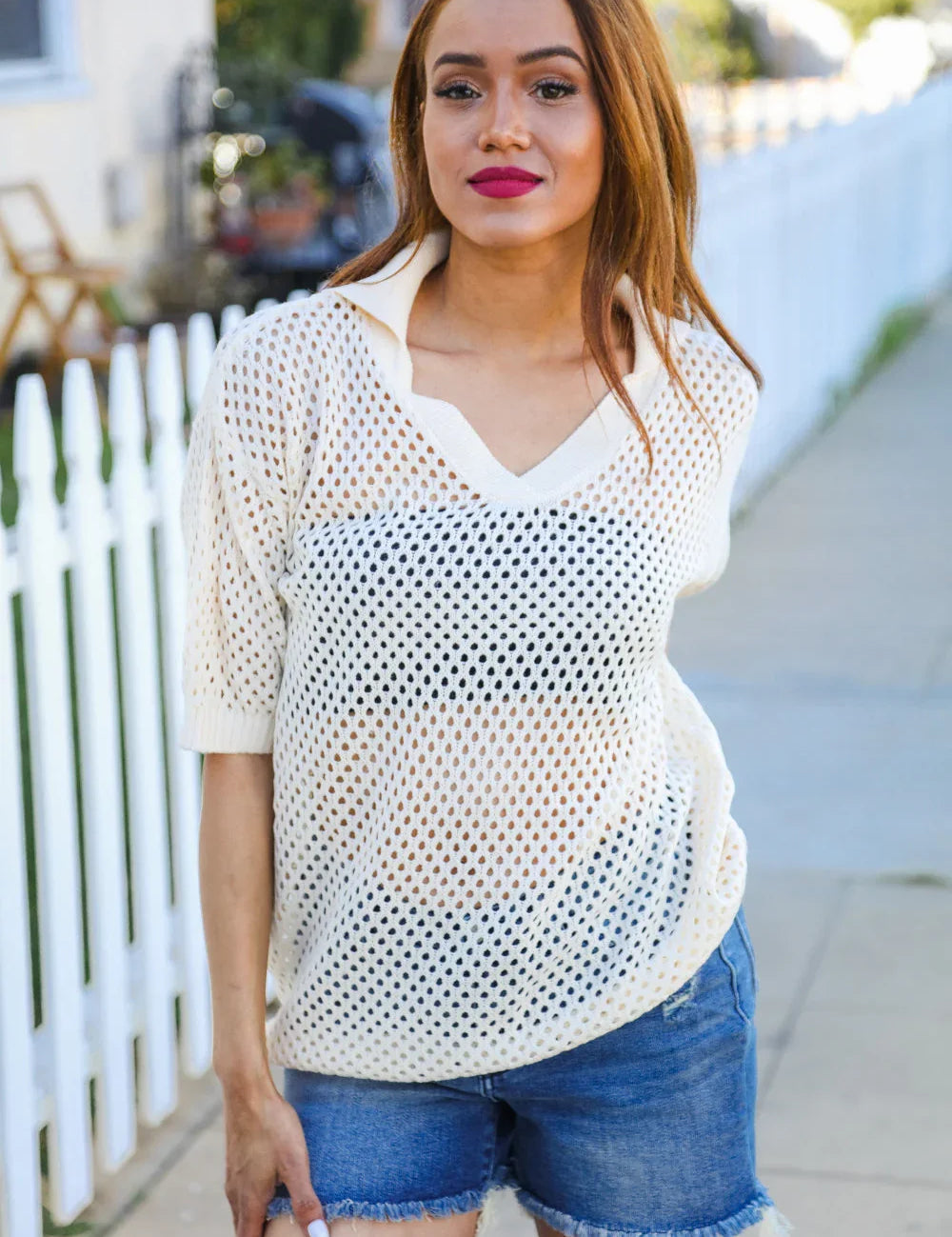 Can't Look Away Oatmeal Crochet V Neck Collared Top | 07-01-25 Summer Sale Daverri Fashions