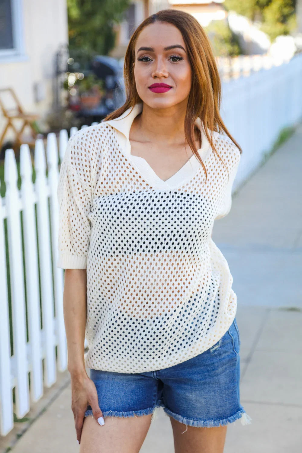 Can't Look Away Oatmeal Crochet V Neck Collared Top | 07-01-25 Summer Sale Daverri Fashions
