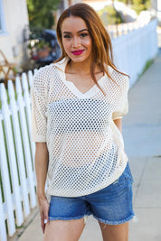 Can't Look Away Oatmeal Crochet V Neck Collared Top | 07-01-25 Summer Sale Daverri Fashions
