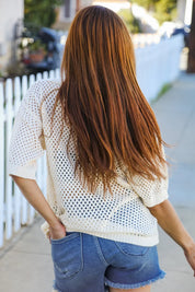 Can't Look Away Oatmeal Crochet V Neck Collared Top | 07-01-25 Summer Sale Daverri Fashions