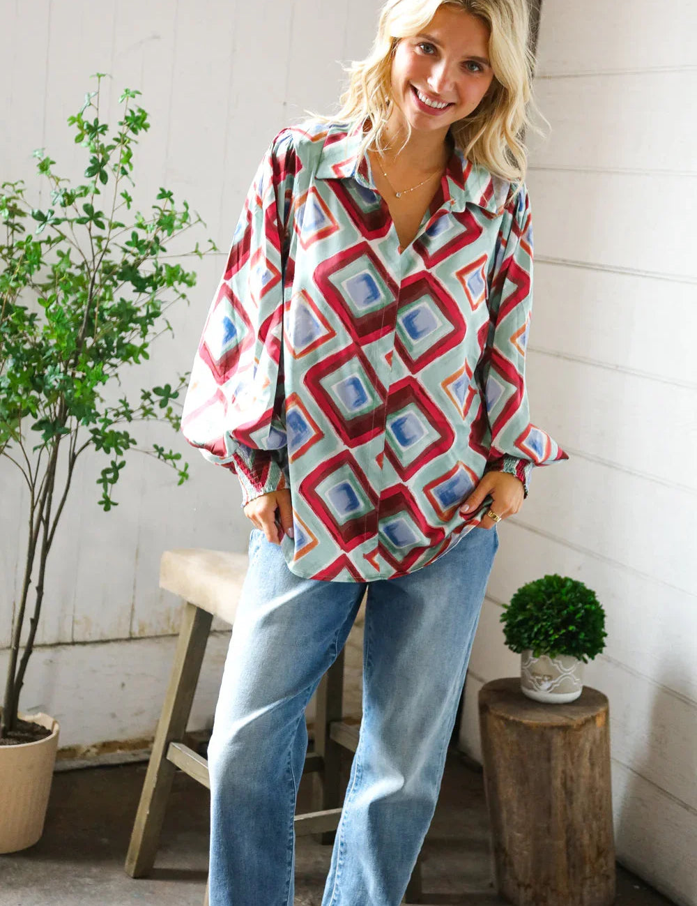 Mint To Be V Neck Bubble Sleeve Silky Collared Blouse | Daverri Fashions