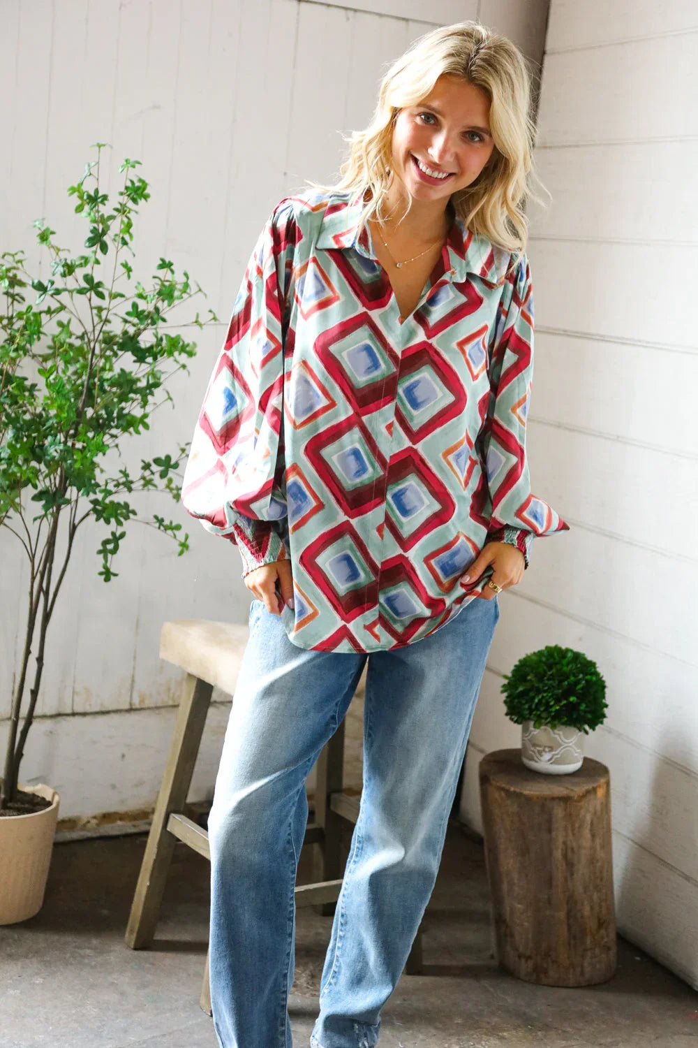 Mint To Be V Neck Bubble Sleeve Silky Collared Blouse | Daverri Fashions