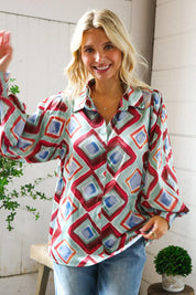 Mint To Be V Neck Bubble Sleeve Silky Collared Blouse | Daverri Fashions