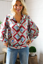 Mint To Be V Neck Bubble Sleeve Silky Collared Blouse | Daverri Fashions