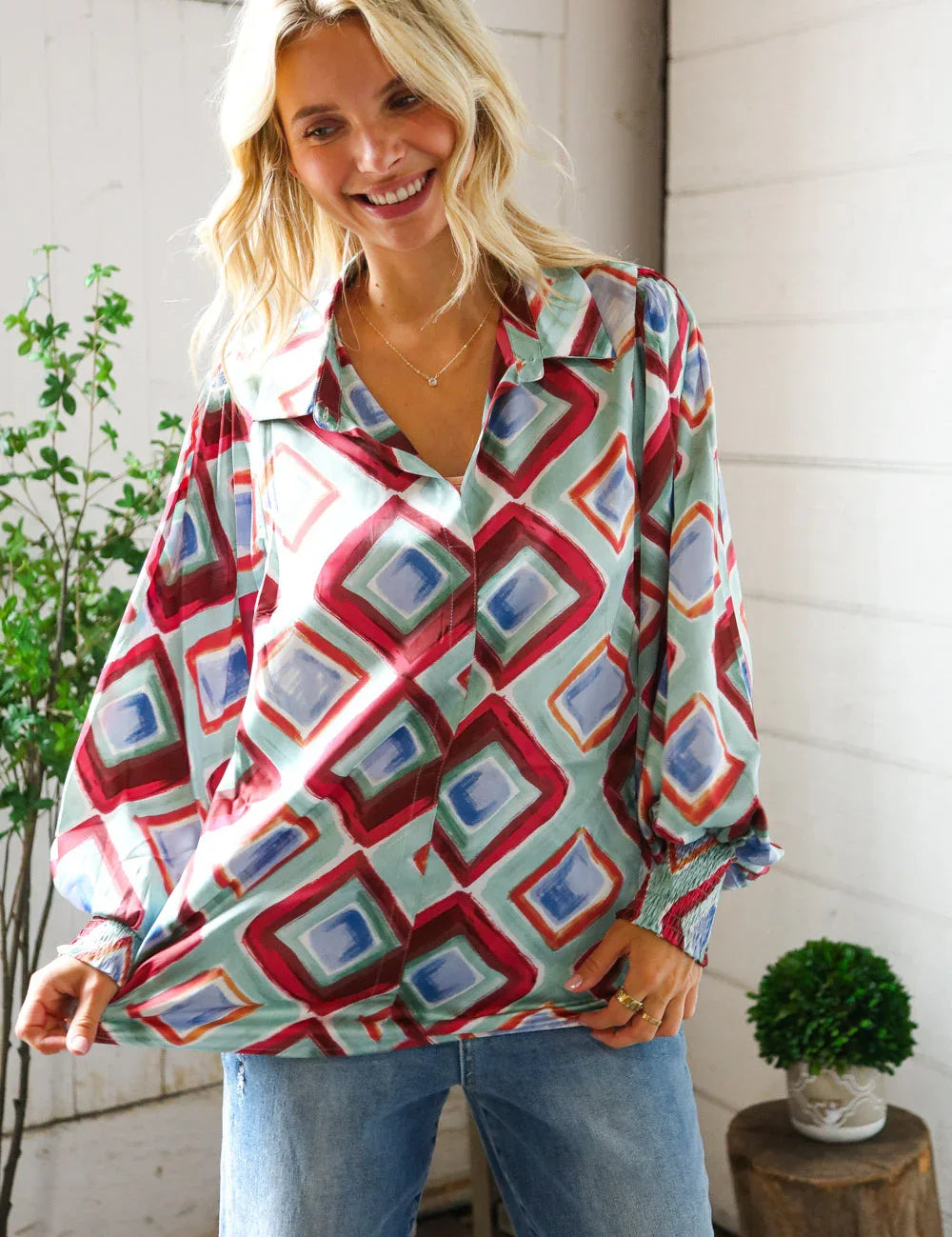 Mint To Be V Neck Bubble Sleeve Silky Collared Blouse | Daverri Fashions