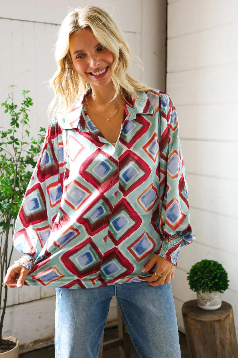 Mint To Be V Neck Bubble Sleeve Silky Collared Blouse | Daverri Fashions