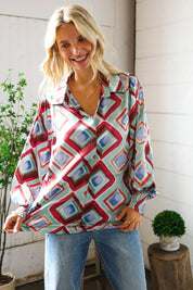 Mint To Be V Neck Bubble Sleeve Silky Collared Blouse | Daverri Fashions