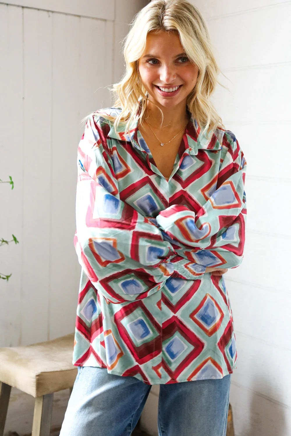 Mint To Be V Neck Bubble Sleeve Silky Collared Blouse | Daverri Fashions