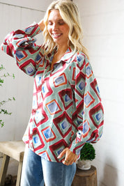 Mint To Be V Neck Bubble Sleeve Silky Collared Blouse | Daverri Fashions