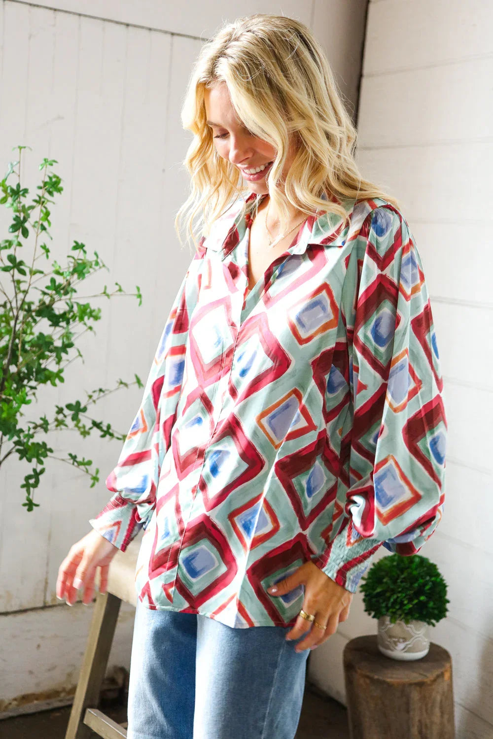 Mint To Be V Neck Bubble Sleeve Silky Collared Blouse | Daverri Fashions