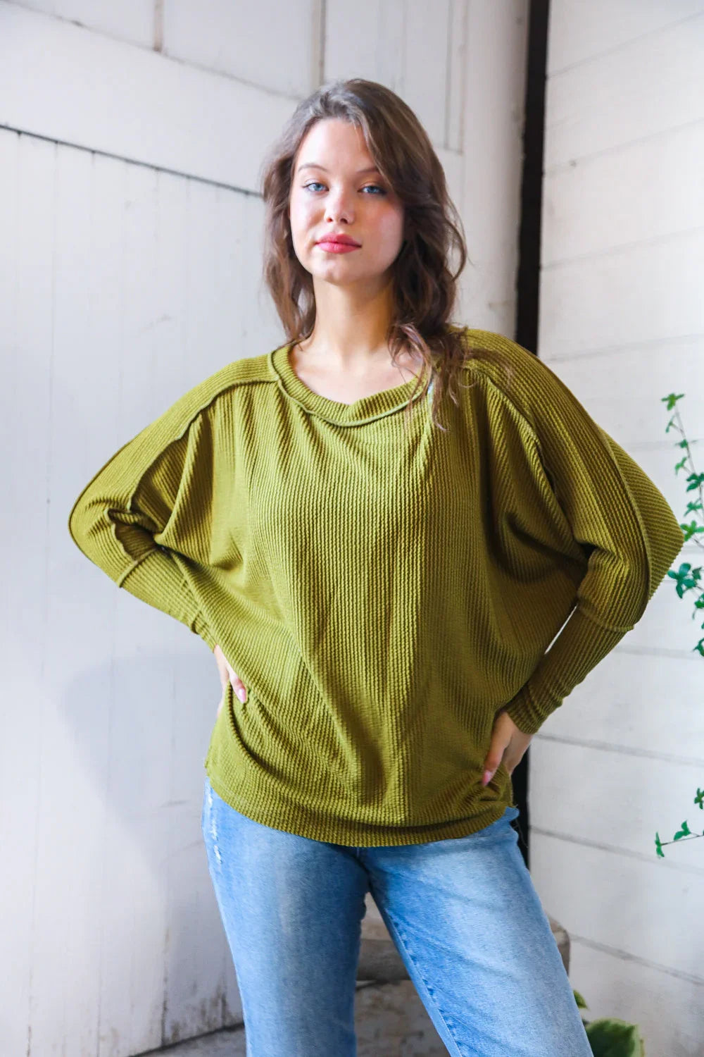 Meet You at the Bookstore Olive Ribbed Long Sleeve | Daverri Fashions