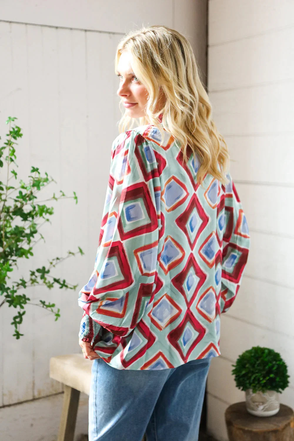 Mint To Be V Neck Bubble Sleeve Silky Collared Blouse | Daverri Fashions