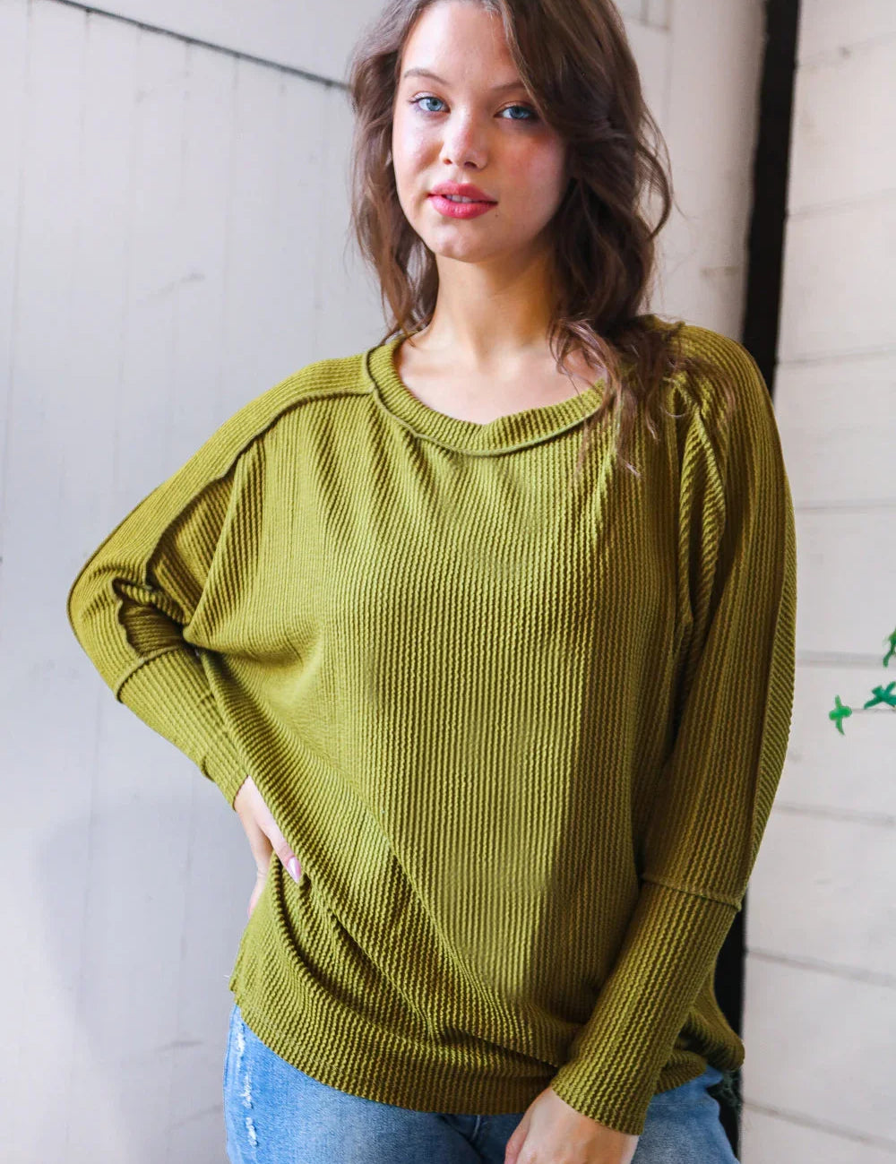 Meet You at the Bookstore Olive Ribbed Long Sleeve | Daverri Fashions