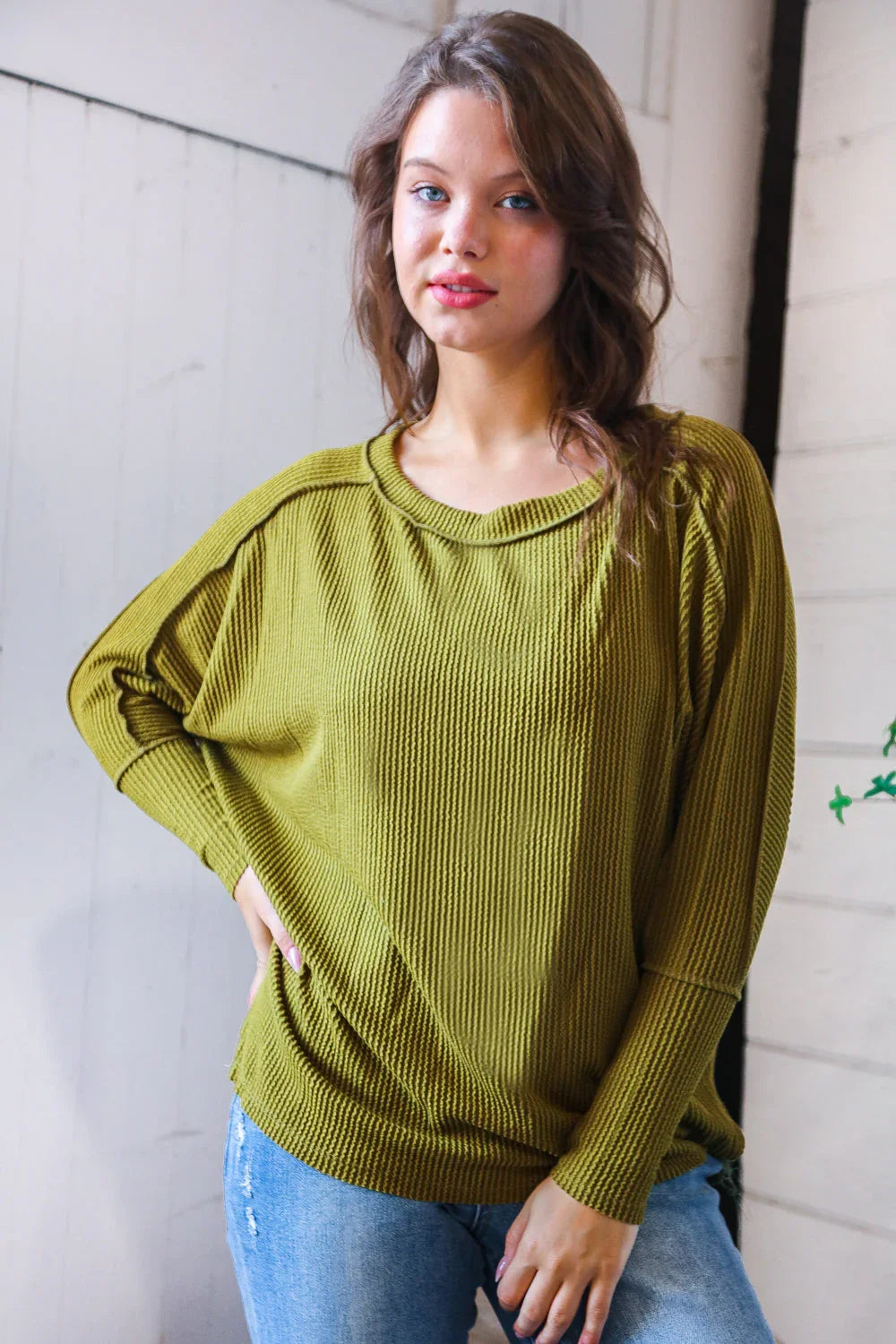 Meet You at the Bookstore Olive Ribbed Long Sleeve | Daverri Fashions