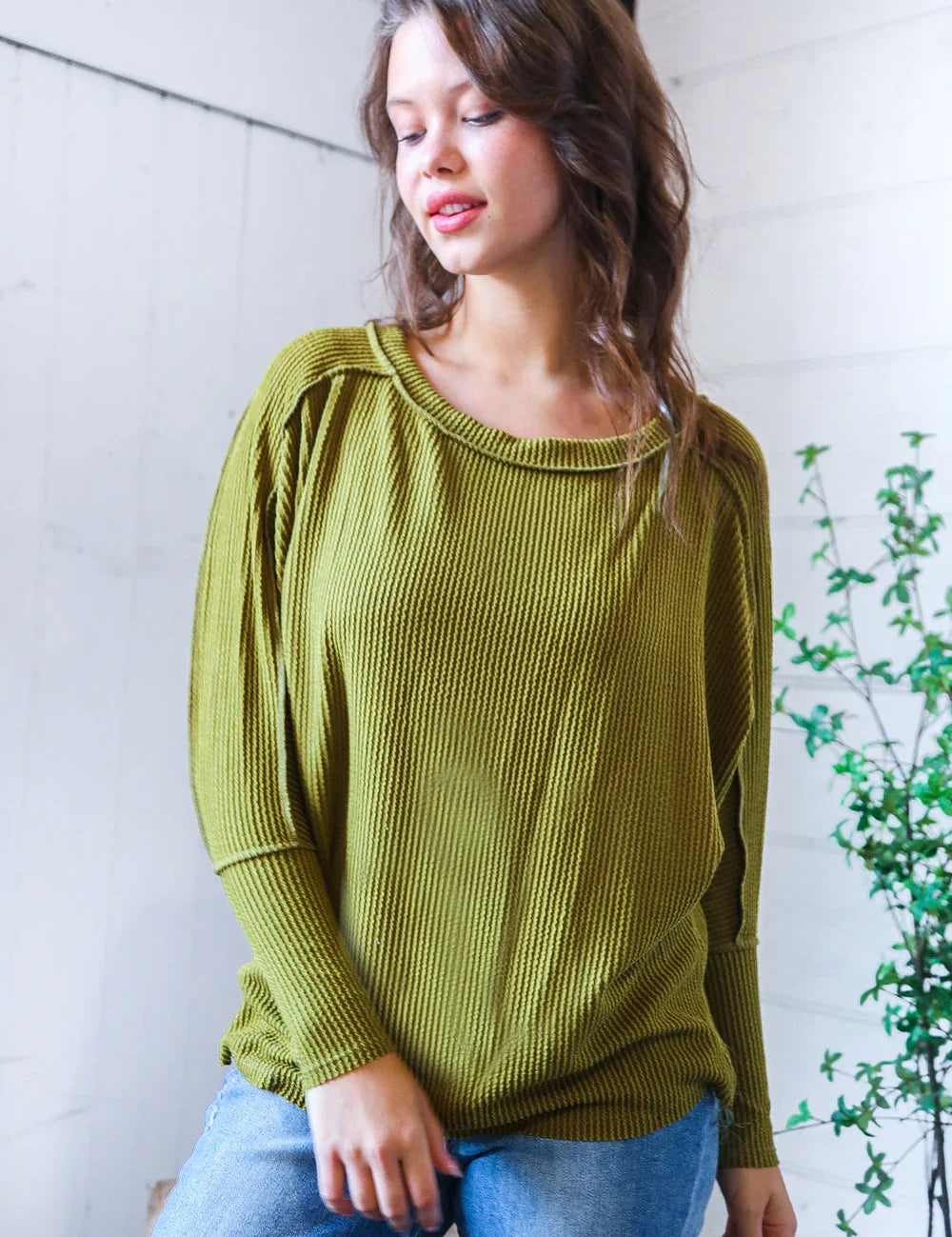 Meet You at the Bookstore Olive Ribbed Long Sleeve | Daverri Fashions
