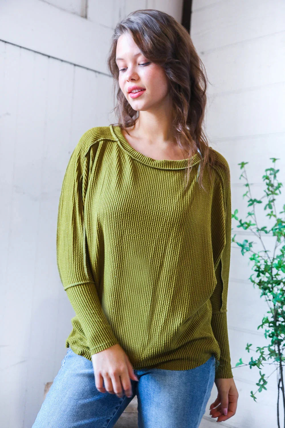Meet You at the Bookstore Olive Ribbed Long Sleeve | Daverri Fashions