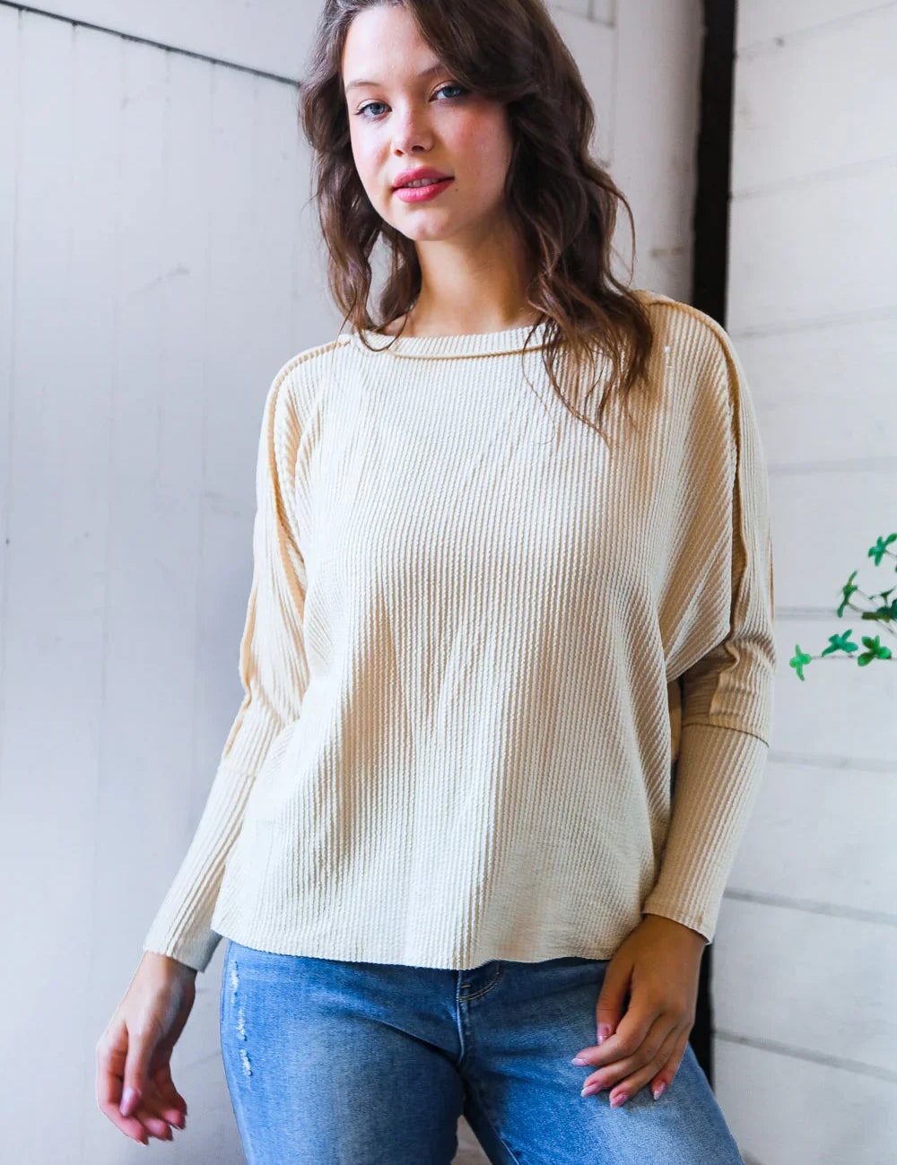 Meet You at the Bookstore Cream Ribbed Long Sleeve | Daverri Fashions
