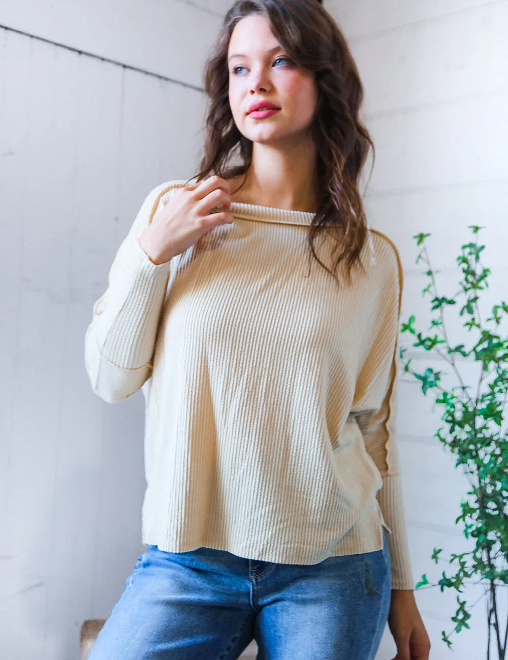 Meet You at the Bookstore Cream Ribbed Long Sleeve | Daverri Fashions