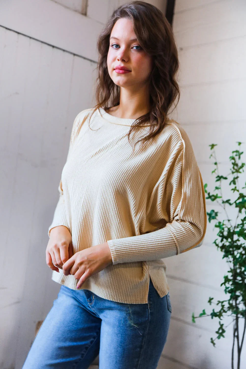 Meet You at the Bookstore Cream Ribbed Long Sleeve | Daverri Fashions