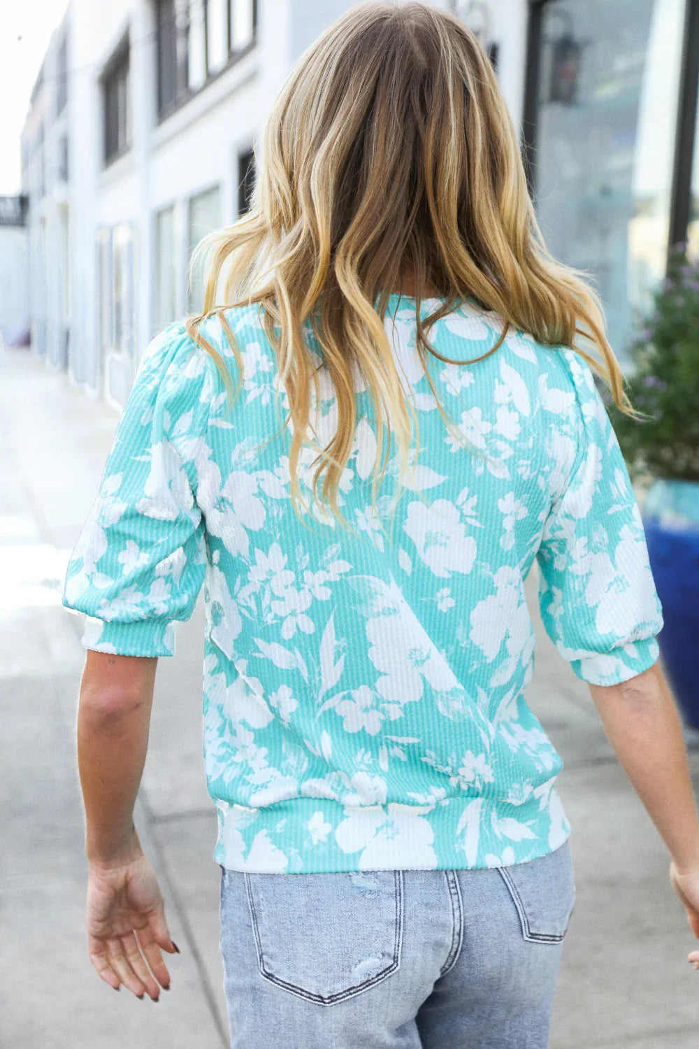 Spring Vibes Mint Wavy Rib Puff Short Sleeves Floral Top | Daverri Fashions
