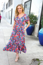 Find Love Blue Floral Raglan Puff Sleeves V Neck Smocked Waist Maxi | Daverri Fashions