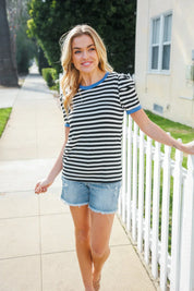 Seize The Day Blue Trim Black & Ivory Stripe Knit Top | Daverri Fashions