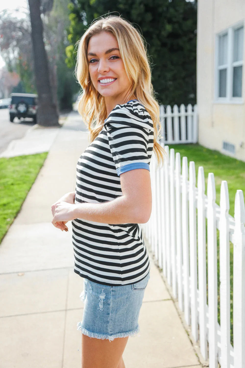 Seize The Day Blue Trim Black & Ivory Stripe Knit Top | Daverri Fashions