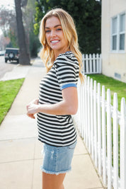 Seize The Day Blue Trim Black & Ivory Stripe Knit Top | Daverri Fashions