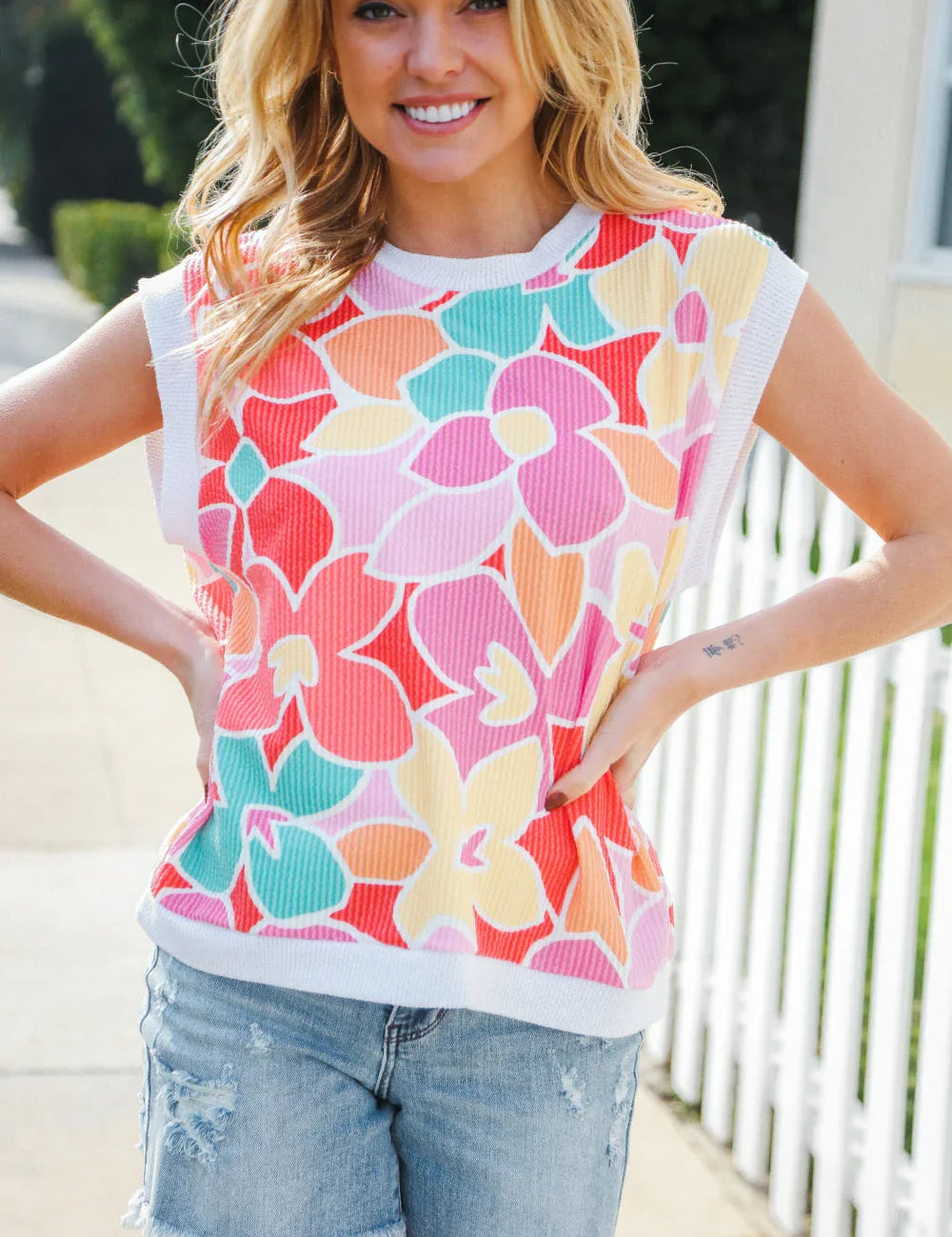 Beautiful You Coral Multicolor Floral Rib Dolman Sleeve Top | Daverri Fashions