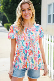 Perfect Find Ivory Floral Leaf Print Short Sleeve Babydoll Top | Daverri Fashions