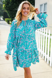 Boho Romance Mint Floral Print Front Ribbon Bow Tiered Dress | Daverri Fashions