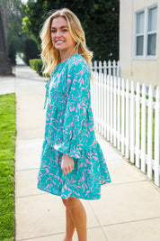 Boho Romance Mint Floral Print Front Ribbon Bow Tiered Dress | Daverri Fashions