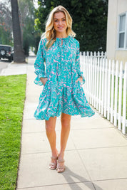 Boho Romance Mint Floral Print Front Ribbon Bow Tiered Dress | Daverri Fashions