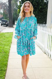 Boho Romance Mint Floral Print Front Ribbon Bow Tiered Dress | Daverri Fashions